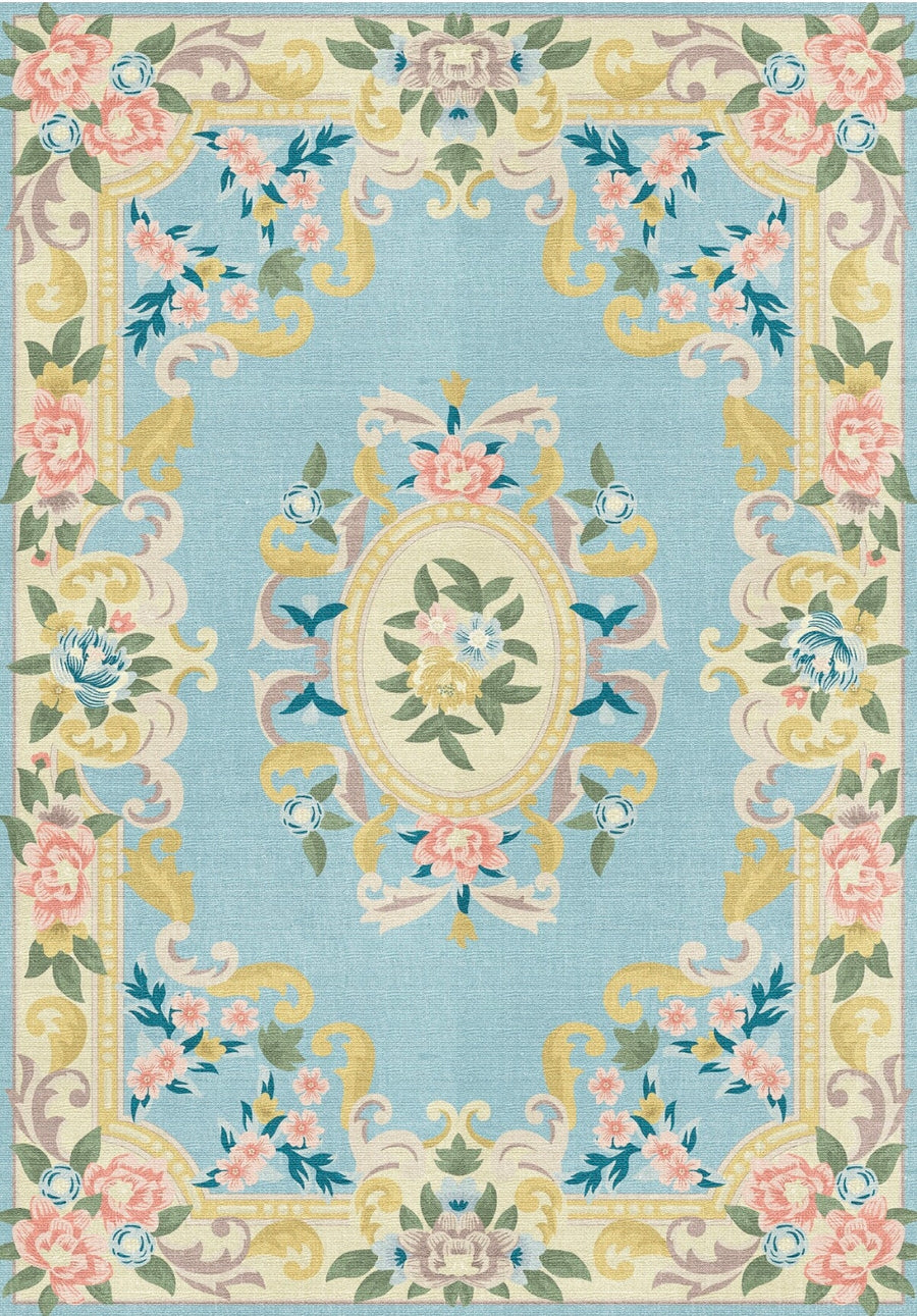 Viyana Vintage Floral Medallion Blue & Pastel Washable Area Rug - ürün görseli