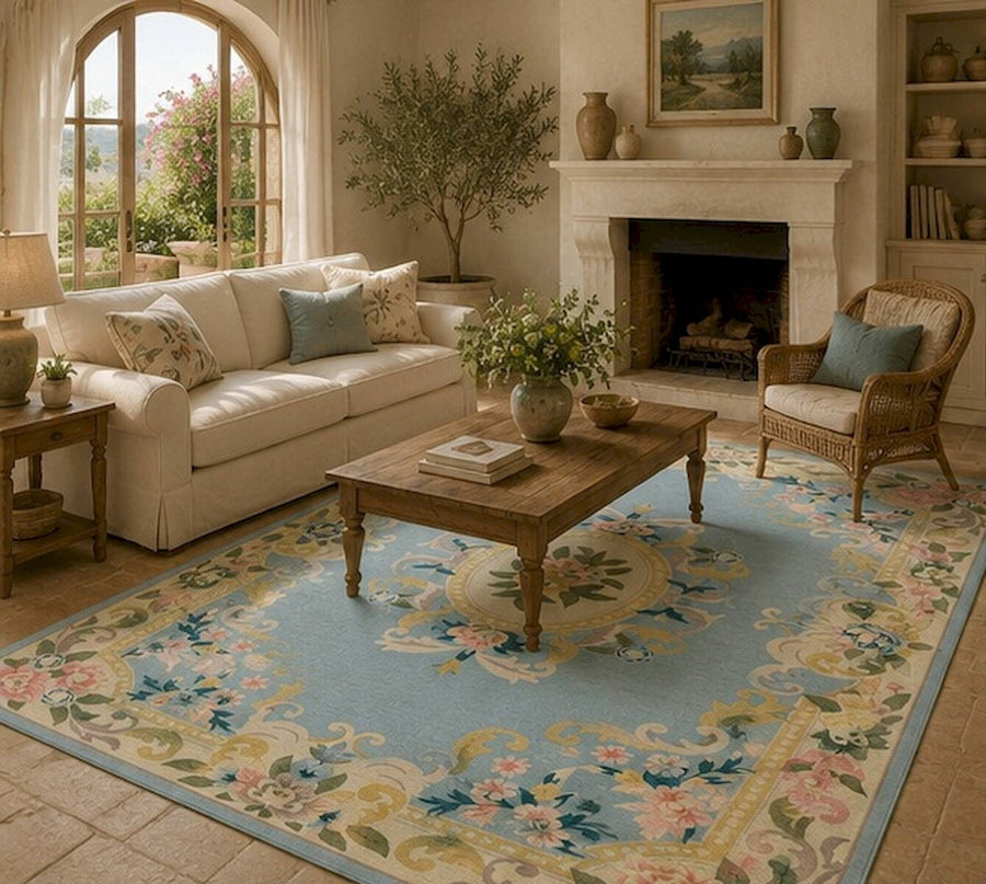 Viyana Vintage Floral Medallion Blue & Pastel Washable Area Rug - ürün görseli