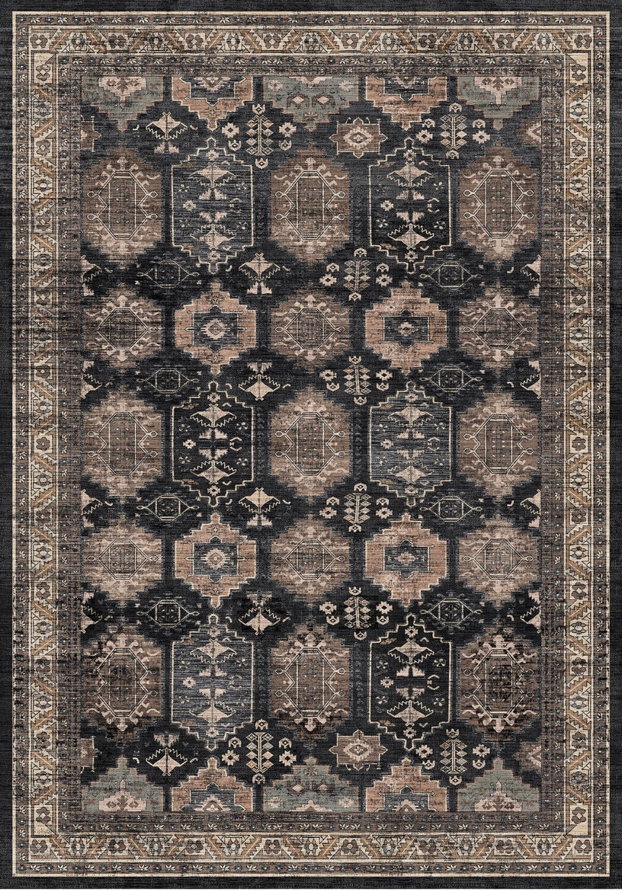 Prag Vintage Geometrik Desenli Siyah ve Antrasit Yıkanabilir Özel Ölçü Halı - ürün görseli