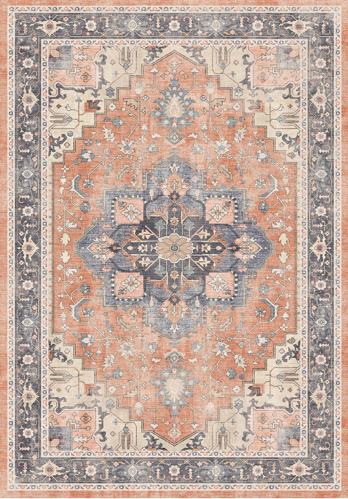 Bor Vintage Madalyon Desenli Somon ve Mavi Yıkanabilir Özel Ölçü Halı - ürün görseli