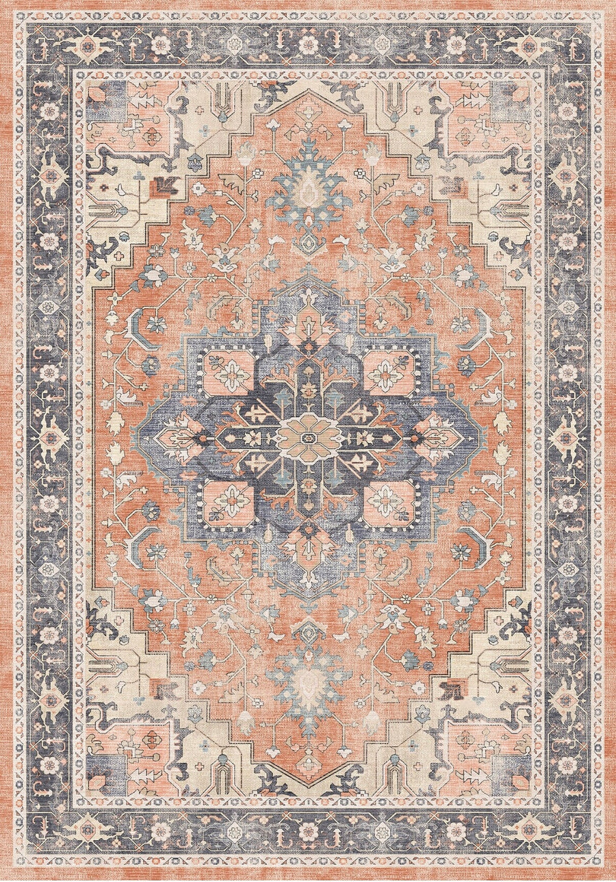 Bor Vintage Madalyon Desenli Somon ve Mavi Yıkanabilir Özel Ölçü Halı - ürün görseli