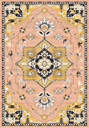 Budapeşte Vintage Geometrik Madalyon Desenli Somon ve Hardal Yıkanabilir Özel Ölçü Halı - ürün görseli
