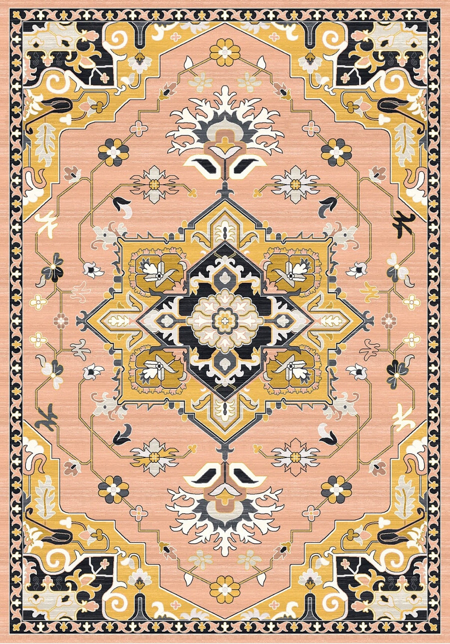 Budapeşte Vintage Geometrik Madalyon Desenli Somon ve Hardal Yıkanabilir Özel Ölçü Halı - ürün görseli