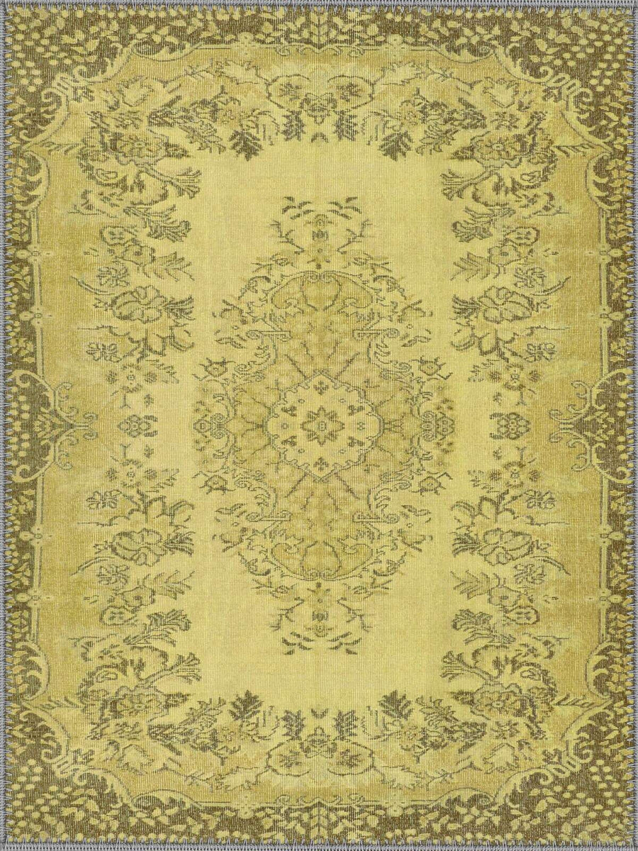Varşova Vintage Çiçekli Madalyon Desenli Sarı ve Haki Yıkanabilir Özel Ölçü Halı - ürün görseli