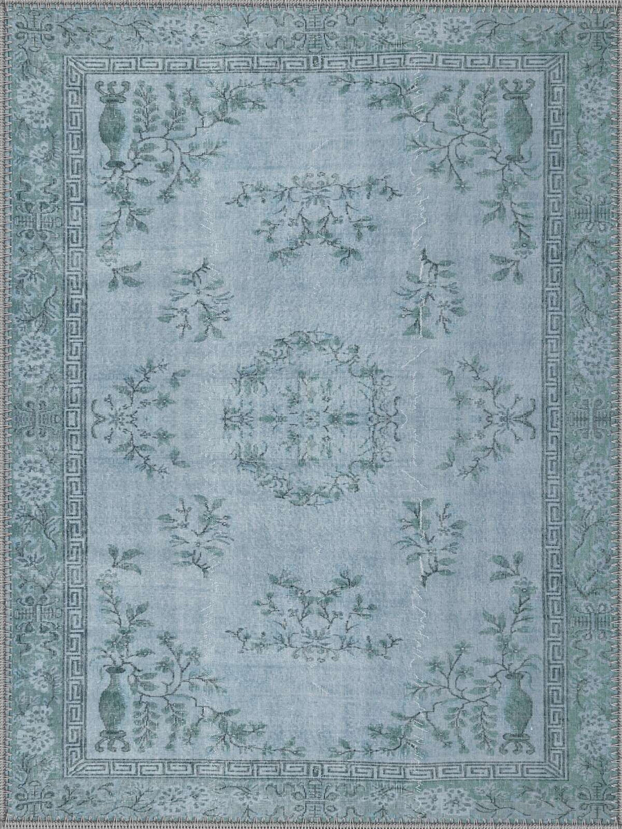 Bükreş Vintage Çiçekli Madalyon Desenli Açık Mavi Yıkanabilir Özel Ölçü Halı - ürün görseli