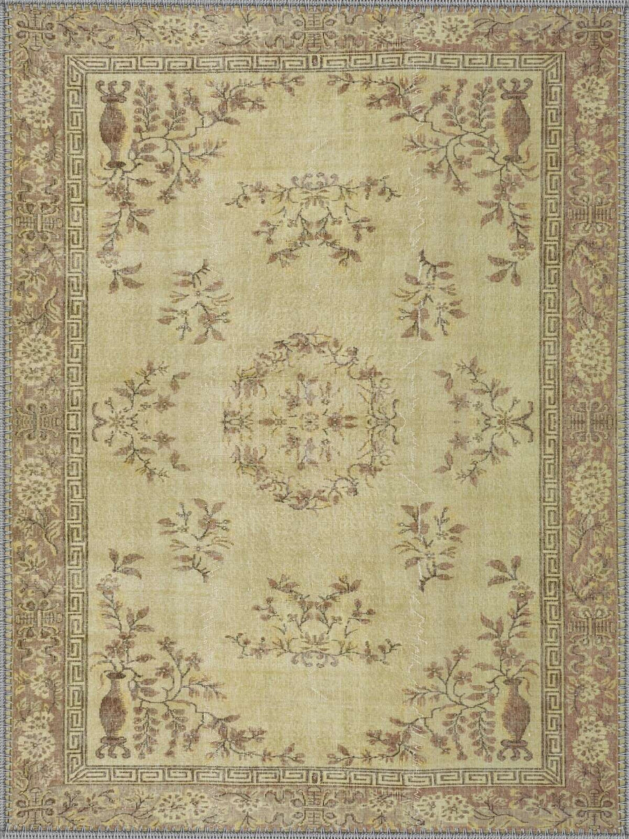Sofya Vintage Çiçekli Madalyon Desenli Krem ve Bej Yıkanabilir Özel Ölçü Halı - ürün görseli