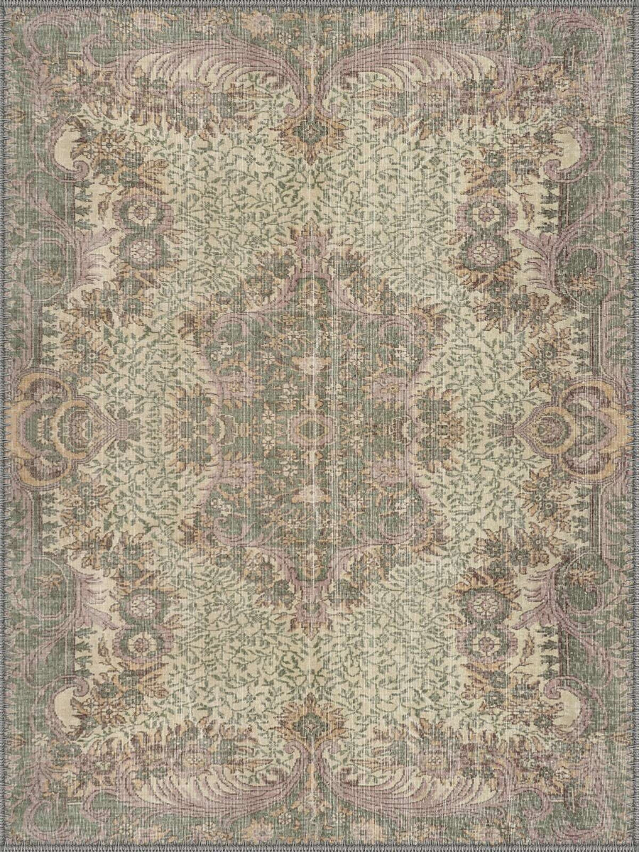 Dubrovnik Vintage Çiçekli Madalyon Desenli Yeşil Yıkanabilir Özel Ölçü Halı - ürün görseli