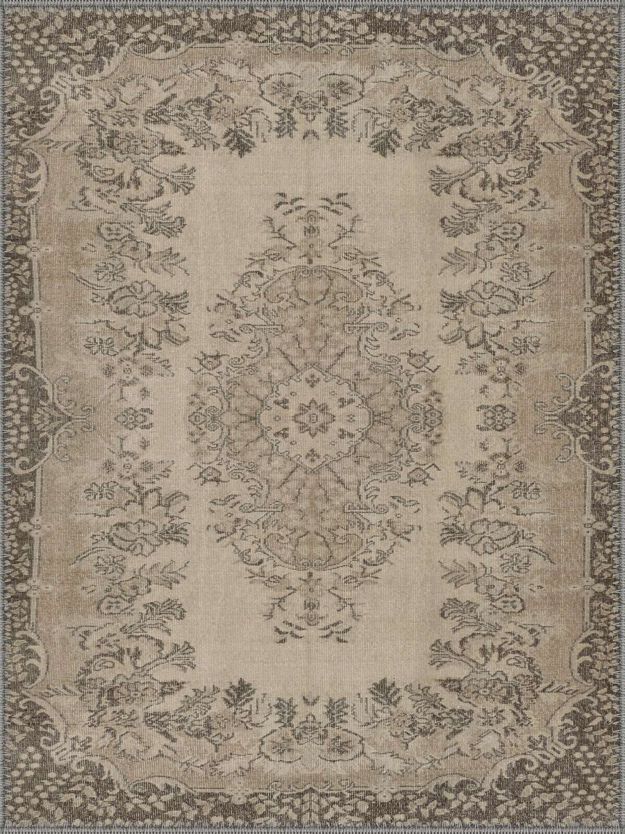Split Vintage Çiçekli Madalyon Desenli Krem ve Bej Yıkanabilir Özel Ölçü Halı - ürün görseli