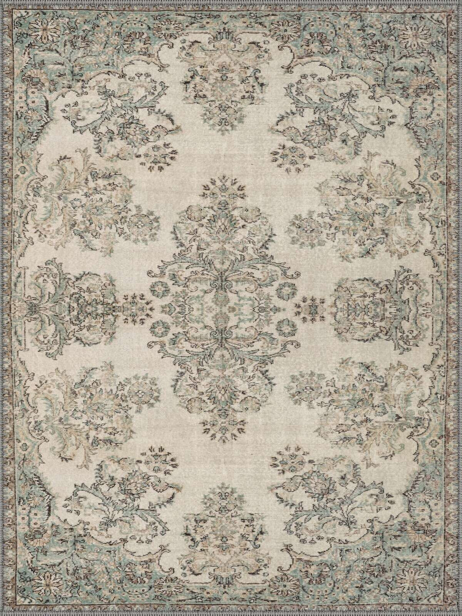 Tallinn Vintage Floral Madalyon Desenli Krem ve Pastel Mavi Yıkanabilir Özel Ölçü Halı - ürün görseli