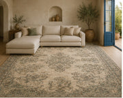 Tallinn Vintage Floral Madalyon Desenli Krem ve Pastel Mavi Yıkanabilir Özel Ölçü Halı - ürün görseli