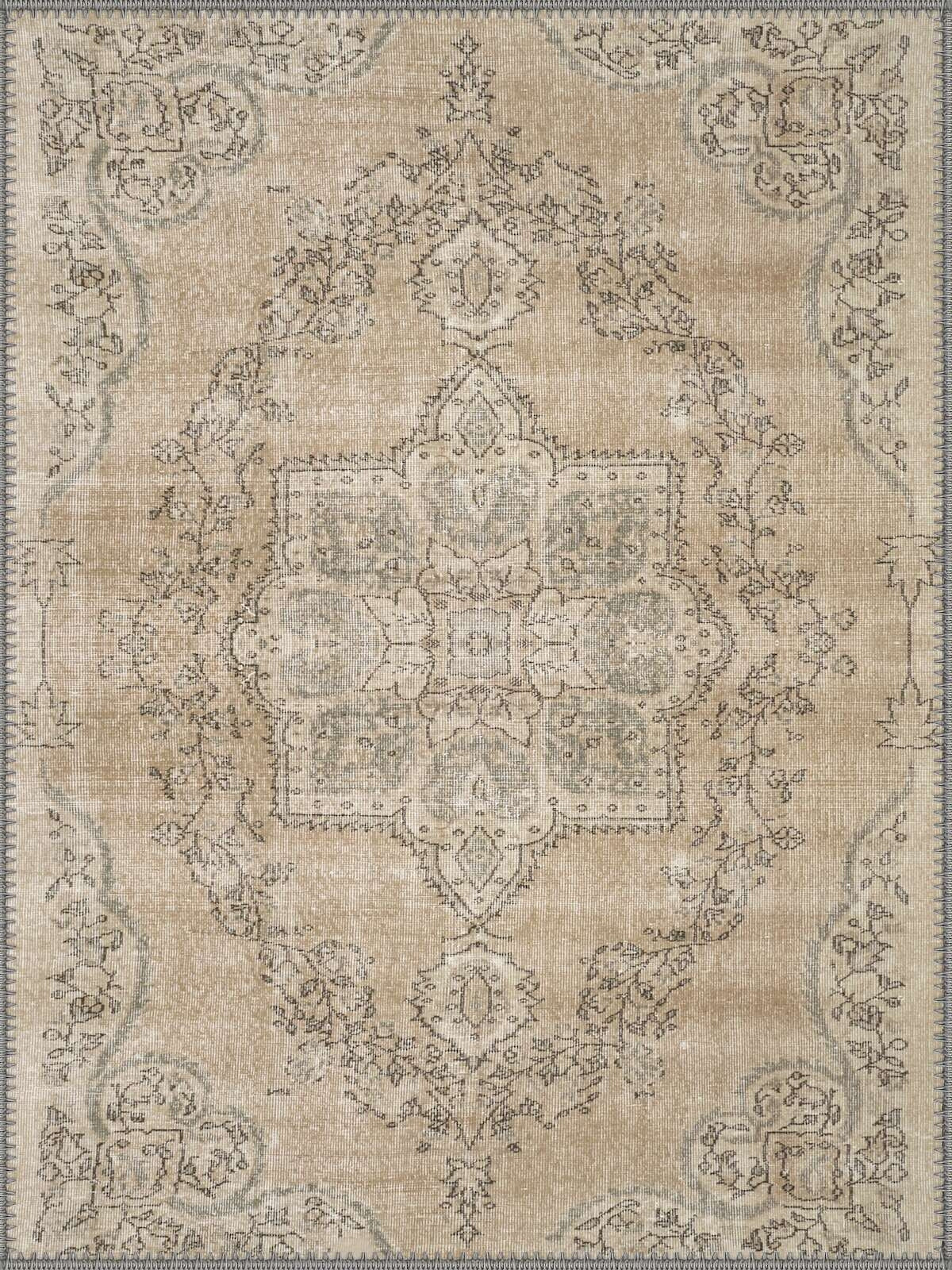 Riga Vintage Geometrik Madalyon Desenli Bej ve Krem Yıkanabilir Özel Ölçü Halı - ürün görseli
