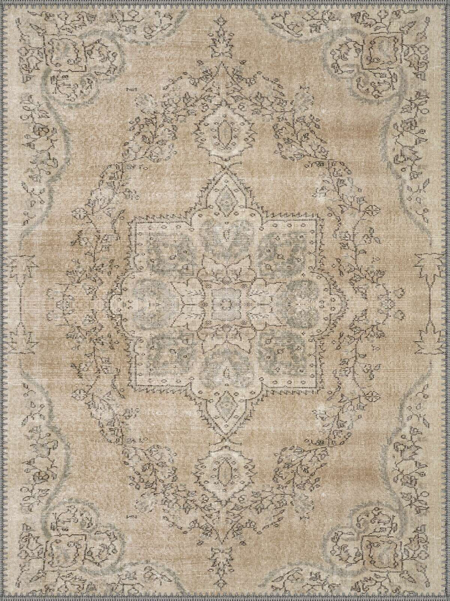 Riga Vintage Geometrik Madalyon Desenli Bej ve Krem Yıkanabilir Özel Ölçü Halı - ürün görseli