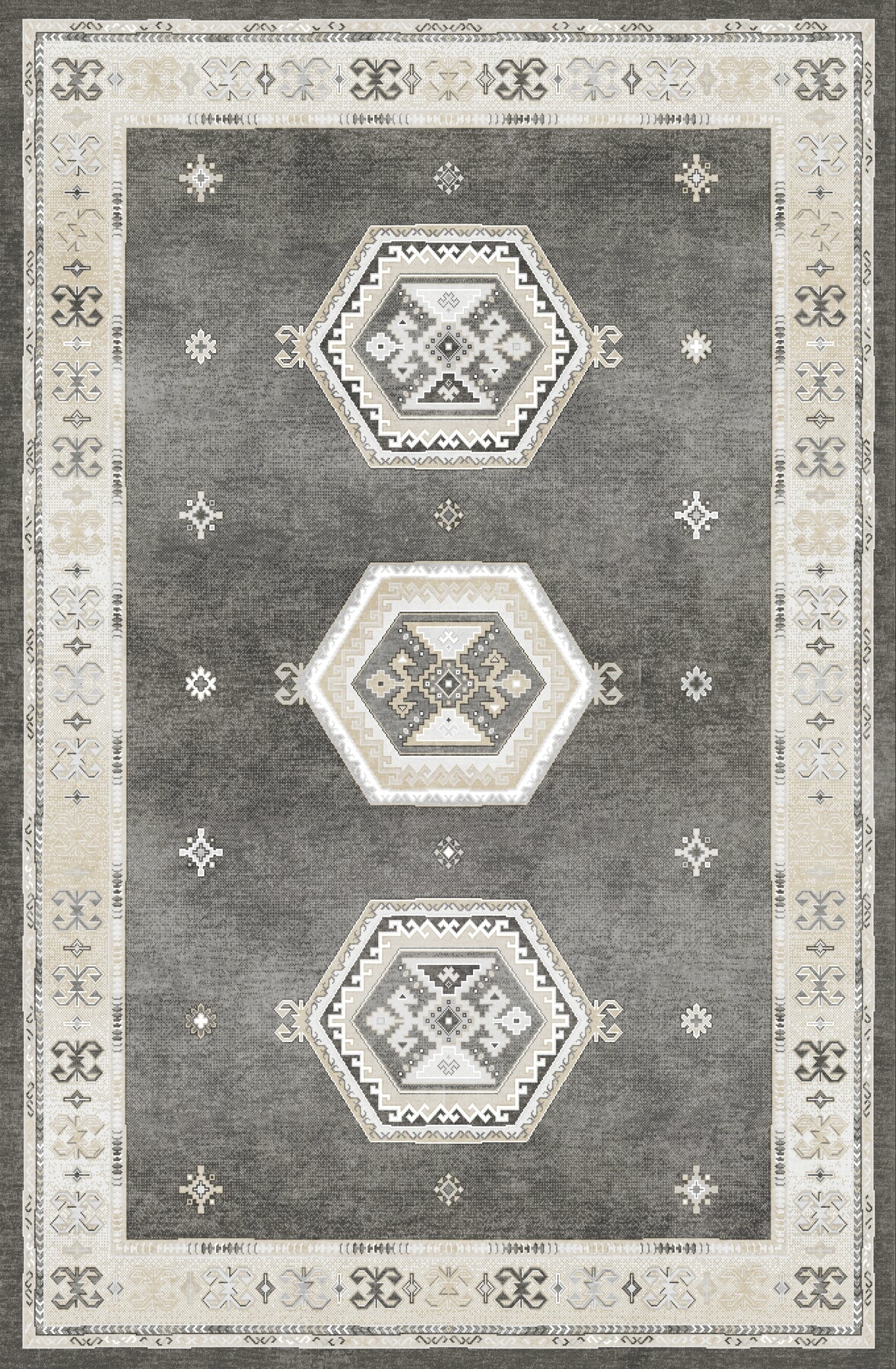 Vilnius Vintage Geometrik Madalyon Desenli Antrasit ve Krem Yıkanabilir Özel Ölçü Halı - ürün görseli
