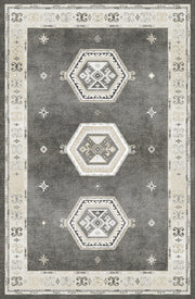 Vilnius Vintage Geometrik Madalyon Desenli Antrasit ve Krem Yıkanabilir Özel Ölçü Halı - ürün görseli
