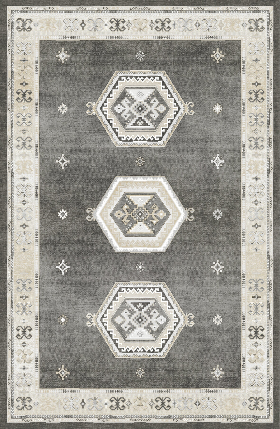 Vilnius Vintage Geometrik Madalyon Desenli Antrasit ve Krem Yıkanabilir Özel Ölçü Halı - ürün görseli