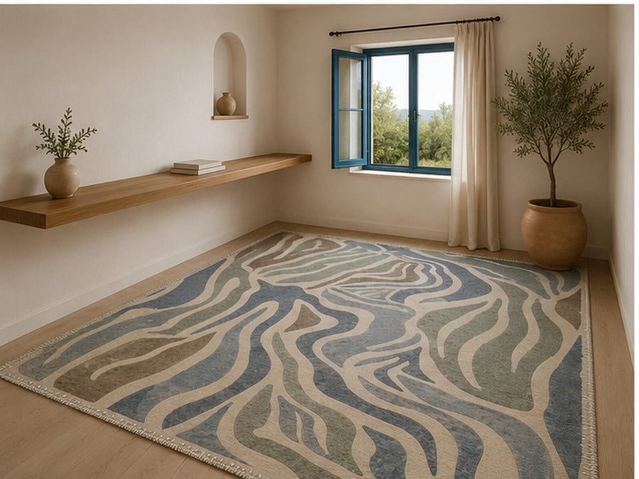 Santa Monica Dalga Desenli Mavi Boho Yıkanabilir Özel Ölçü Halı - ürün görseli