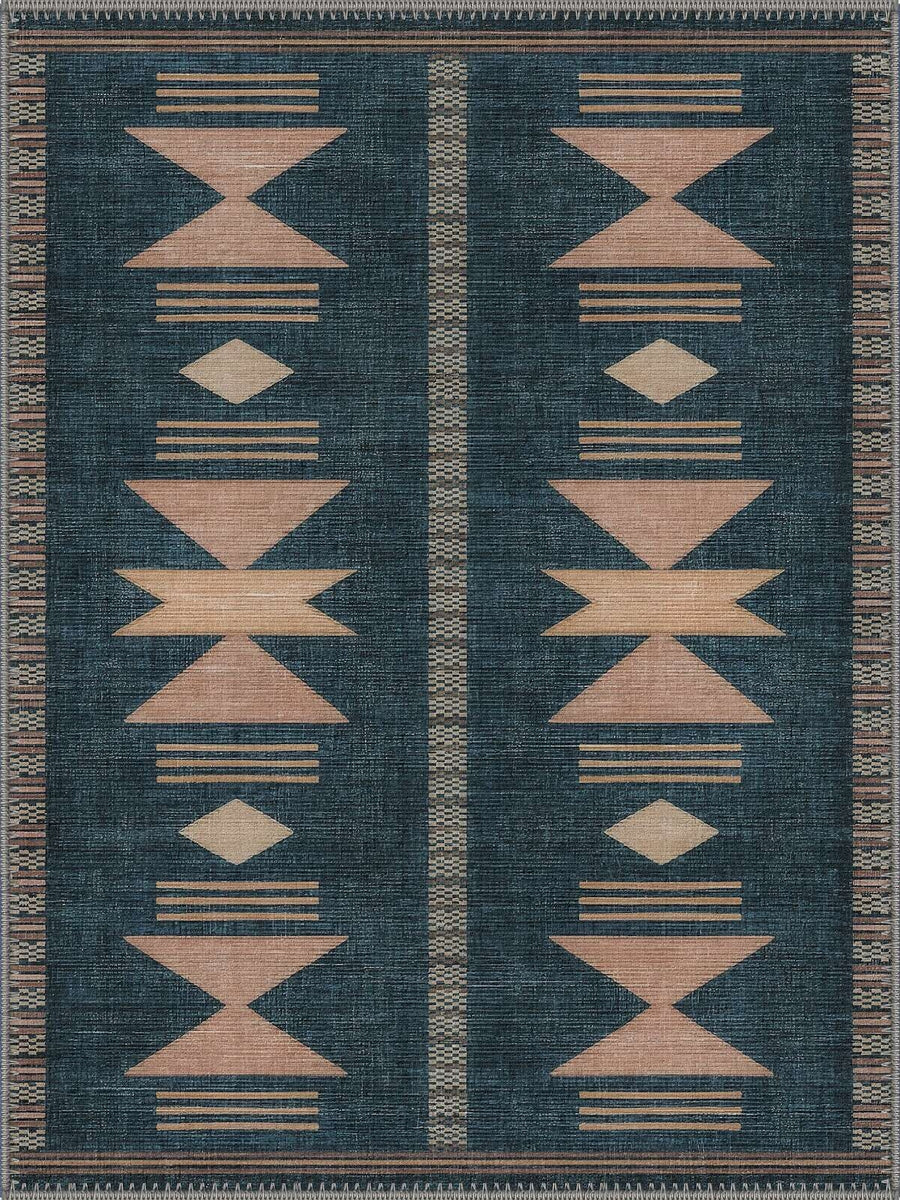 Austin Geometrik Kilim Desenli Lacivert Boho Yıkanabilir Özel Ölçü Halı - ürün görseli