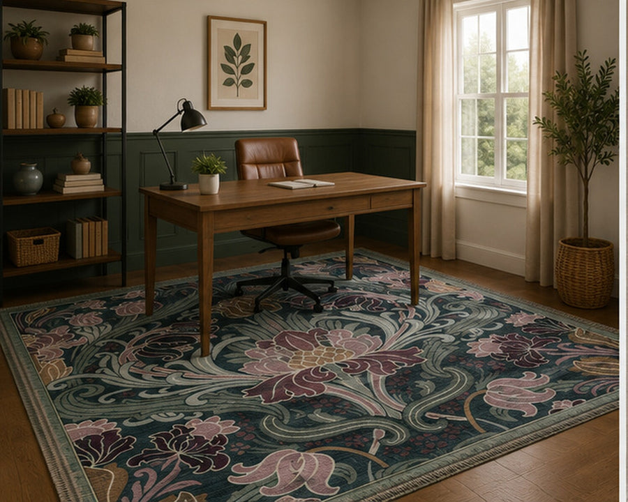 Temescal Botanik Çiçek Desenli Vintage Boho Yıkanabilir Özel Ölçü Halı - ürün görseli