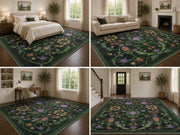 Gardenia Yeşil Çiçekli Boho Yıkanabilir Özel Ölçü Halı - ürün görseli