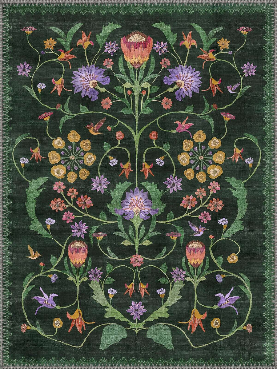 Gardenia Yeşil Çiçekli Boho Yıkanabilir Özel Ölçü Halı - ürün görseli