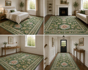 Charleston Yeşil Çiçekli Vintage Boho Yıkanabilir Özel Ölçü Halı - ürün görseli