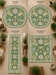 Charleston Yeşil Çiçekli Vintage Boho Yıkanabilir Özel Ölçü Halı - ürün görseli