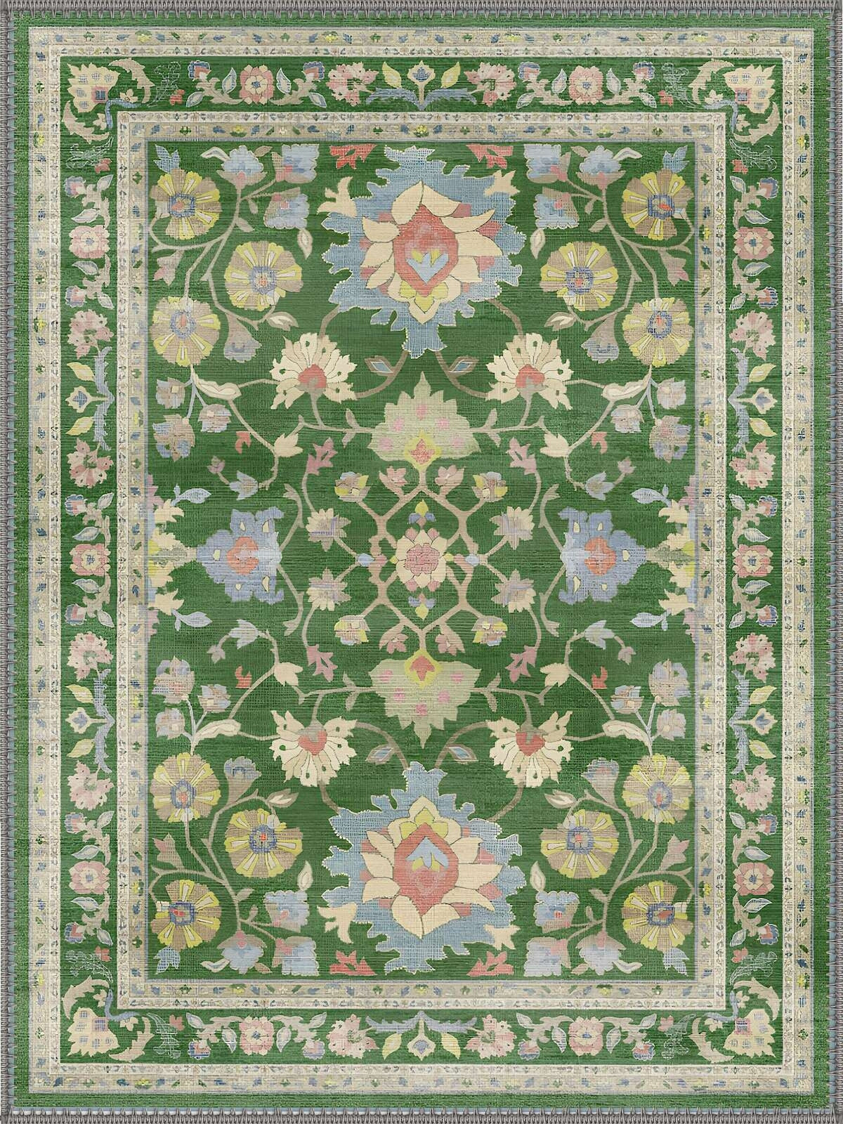Charleston Yeşil Çiçekli Vintage Boho Yıkanabilir Özel Ölçü Halı - ürün görseli