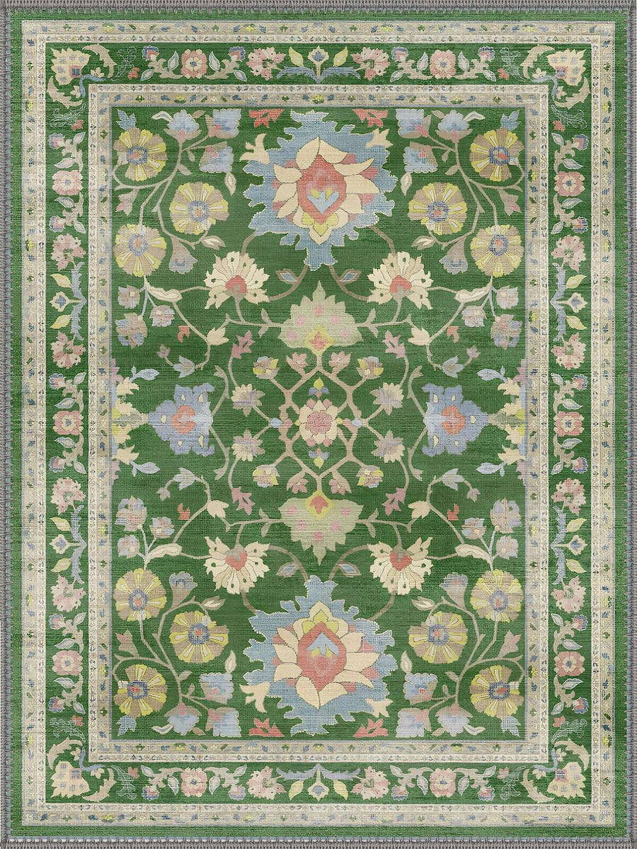 Charleston Yeşil Çiçekli Vintage Boho Yıkanabilir Özel Ölçü Halı - ürün görseli
