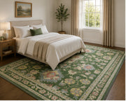 Charleston Yeşil Çiçekli Vintage Boho Yıkanabilir Özel Ölçü Halı - ürün görseli