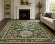 Charleston Yeşil Çiçekli Vintage Boho Yıkanabilir Özel Ölçü Halı - ürün görseli