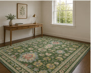 Charleston Yeşil Çiçekli Vintage Boho Yıkanabilir Özel Ölçü Halı - ürün görseli