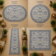 Bluebell Mavi Kuşlu Çiçekli Boho Yıkanabilir Özel Ölçü Halı - ürün görseli