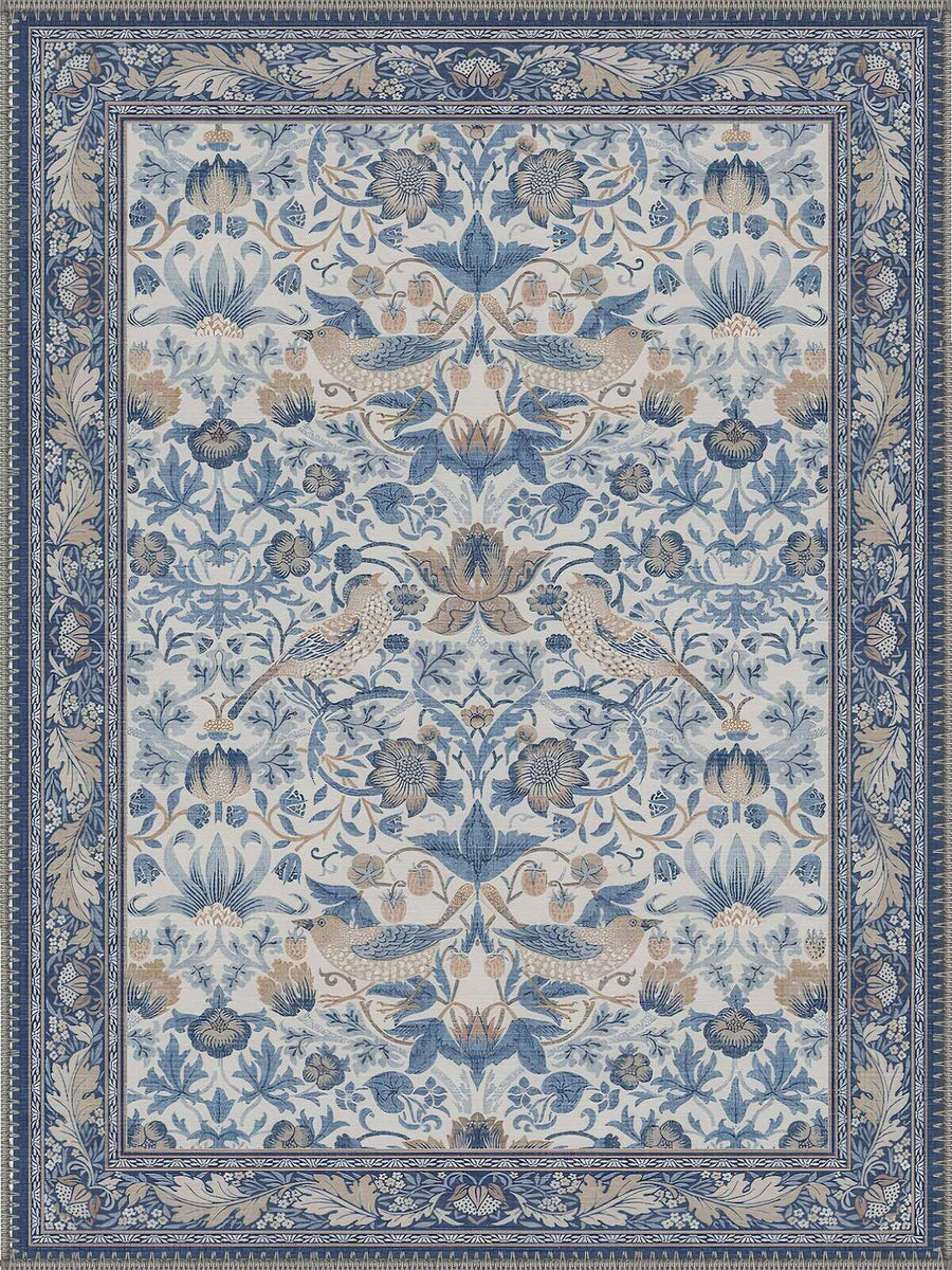 Bluebell Mavi Kuşlu Çiçekli Boho Yıkanabilir Özel Ölçü Halı - ürün görseli