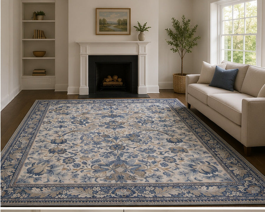 Bluebell Mavi Kuşlu Çiçekli Boho Yıkanabilir Özel Ölçü Halı - ürün görseli