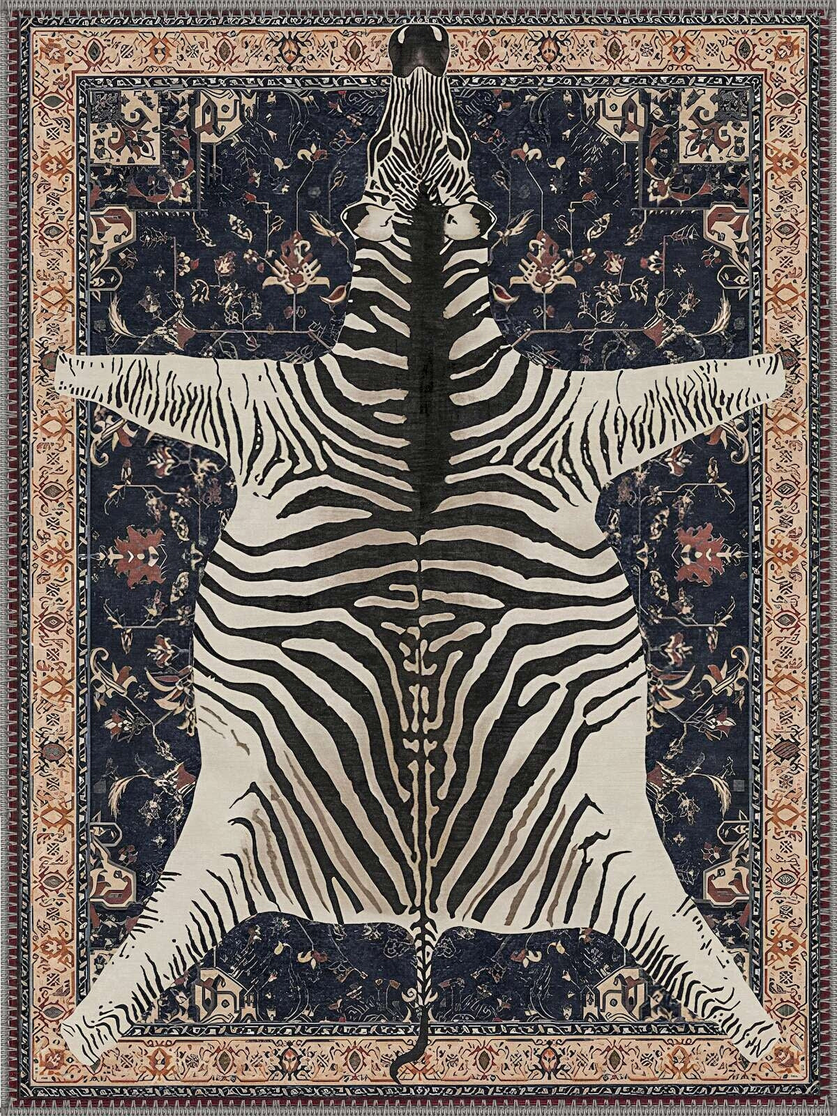 Phoenix Zebra Desenli Boho Yıkanabilir Özel Ölçü Halı - ürün görseli