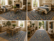 Rockridge Lacivert Çiçekli Vintage Desenli Yıkanabilir Özel Ölçü Halı - ürün görseli