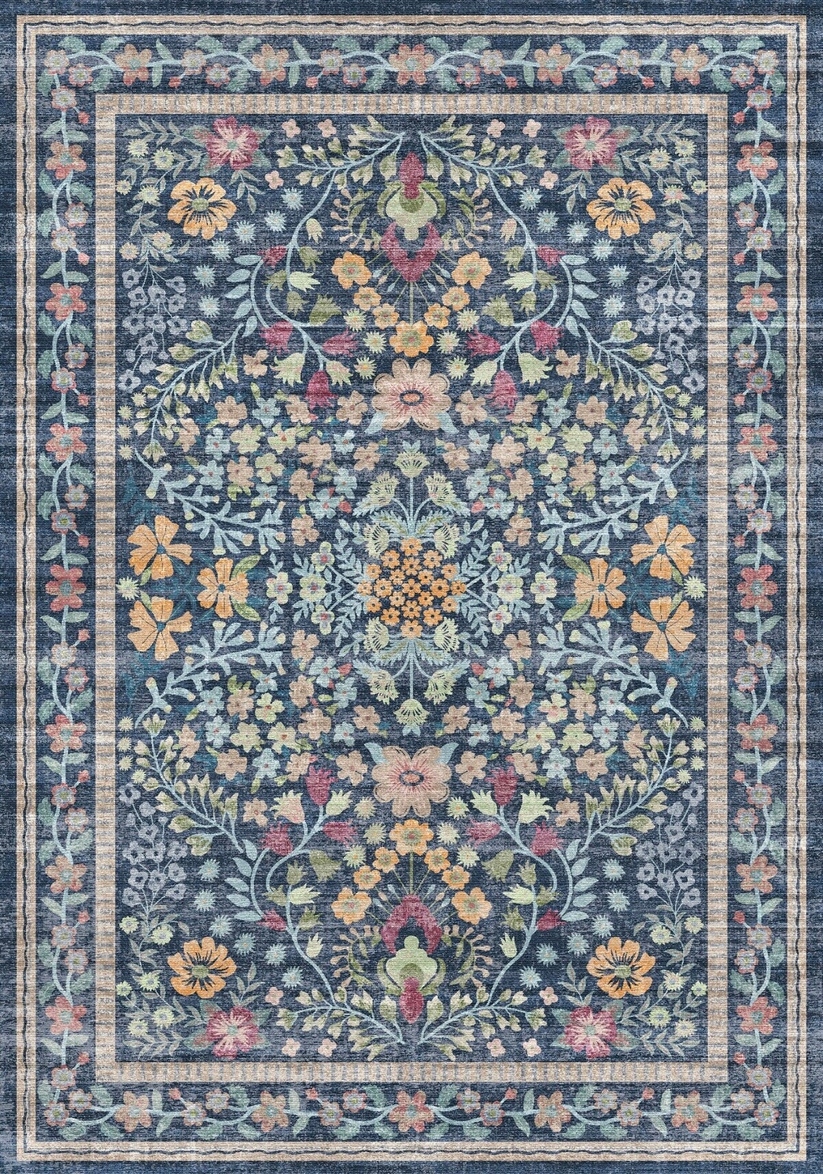 Rockridge Lacivert Çiçekli Vintage Desenli Yıkanabilir Özel Ölçü Halı - ürün görseli
