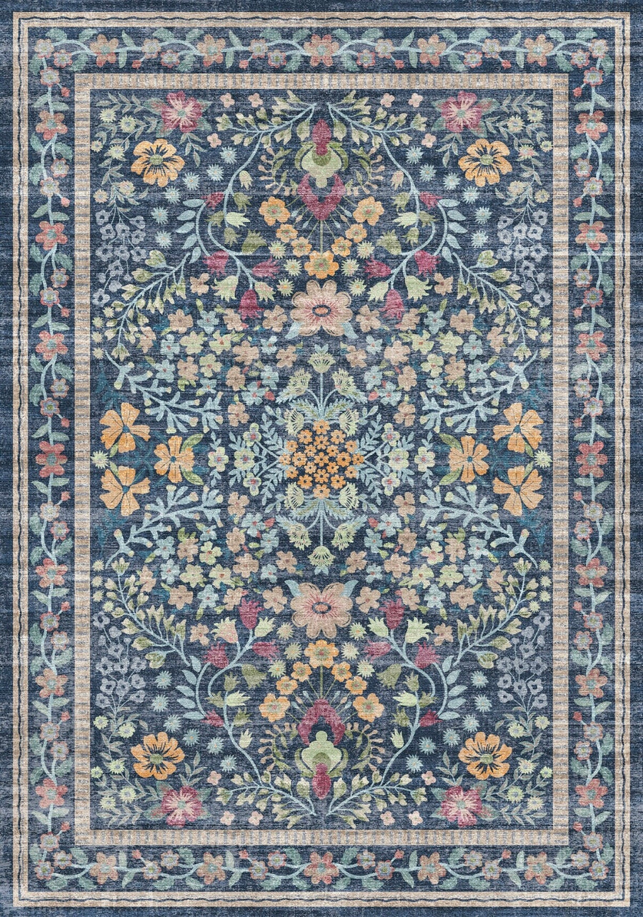 Rockridge Lacivert Çiçekli Vintage Desenli Yıkanabilir Özel Ölçü Halı - ürün görseli