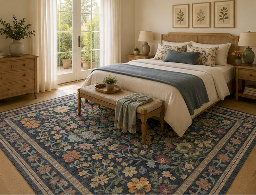 Rockridge Lacivert Çiçekli Vintage Desenli Yıkanabilir Özel Ölçü Halı - ürün görseli